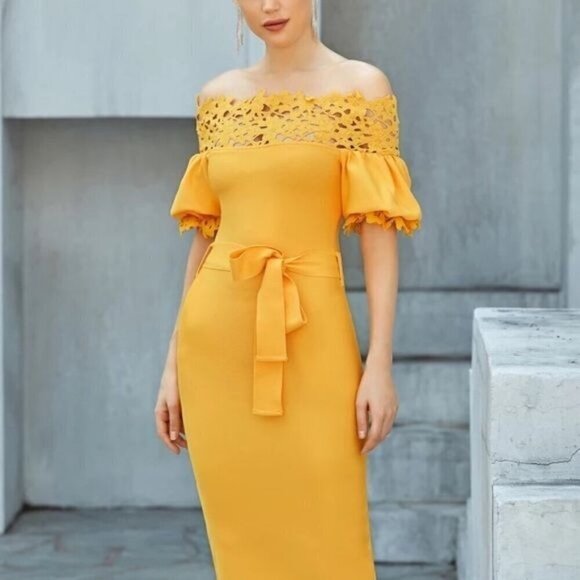 Yellow off the shoulder laser cut dress with lantern sleeves M - Picture 11 of 11